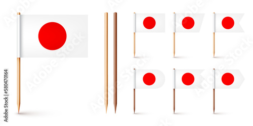 Realistic various Japanese toothpick flags. Souvenir from Japan. Wooden toothpicks with paper flag. Location mark, map pointer. Blank mockup for advertising and promotions. Vector illustration