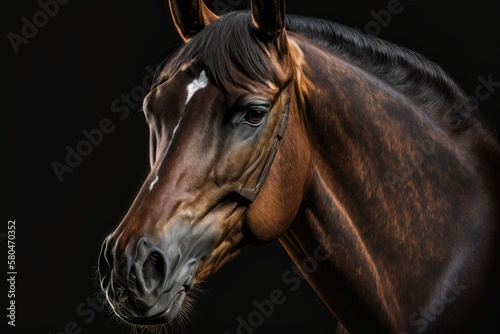 Bay portrait of a purebred racehorse on a black background. Generative AI