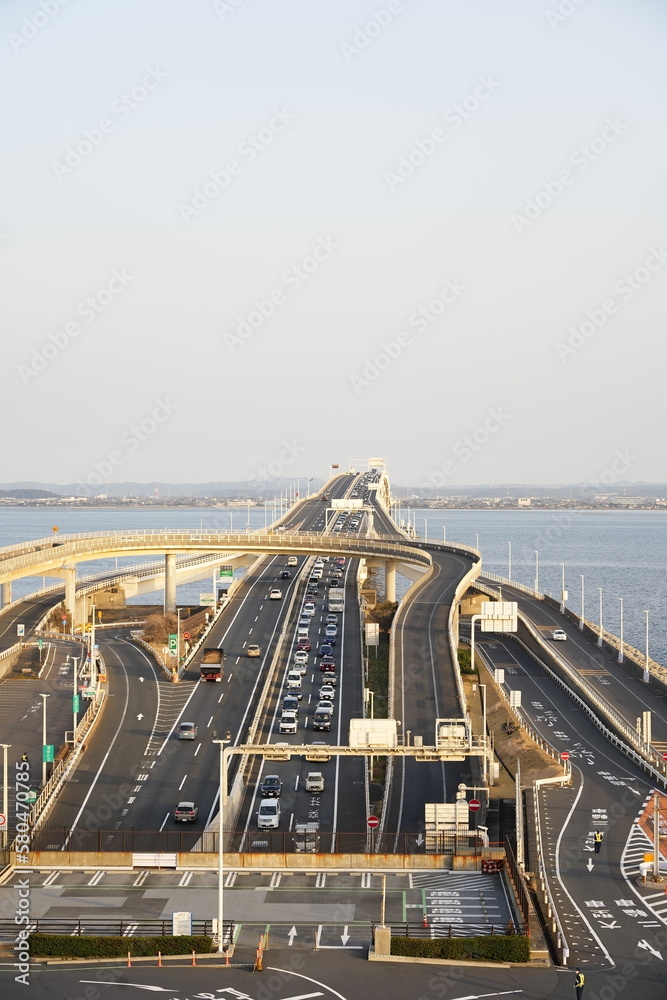 traffic on the highway at Umihotaru parking area traffic on the highway at Umihotaru parking area