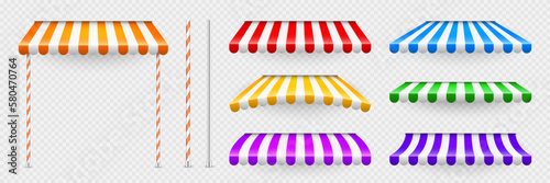 Colorful shop sunshade with stand holders. Realistic striped cafe awning. Outdoor market tent. Roof canopy. Summer street store. Vector illustration