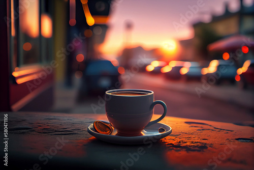 Coffee in a white cup on a wooden table at sunset.generative ai