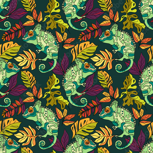 Seamless floral pattern with chameleons and tropical leaves vector illustration 