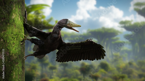 Fototapeta Naklejka Na Ścianę i Meble -  Archaeopteryx, bird-like dinosaur in a prehistoric forest 