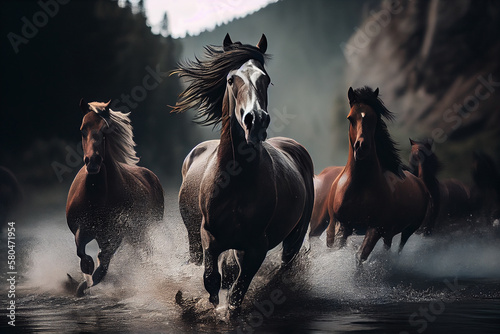 Beautiful bay horses run gallop in the water in the rain.generative ai © S...
