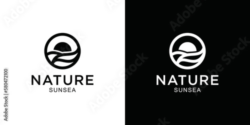 Beach logo or beach design template in simple sun and sea shape
