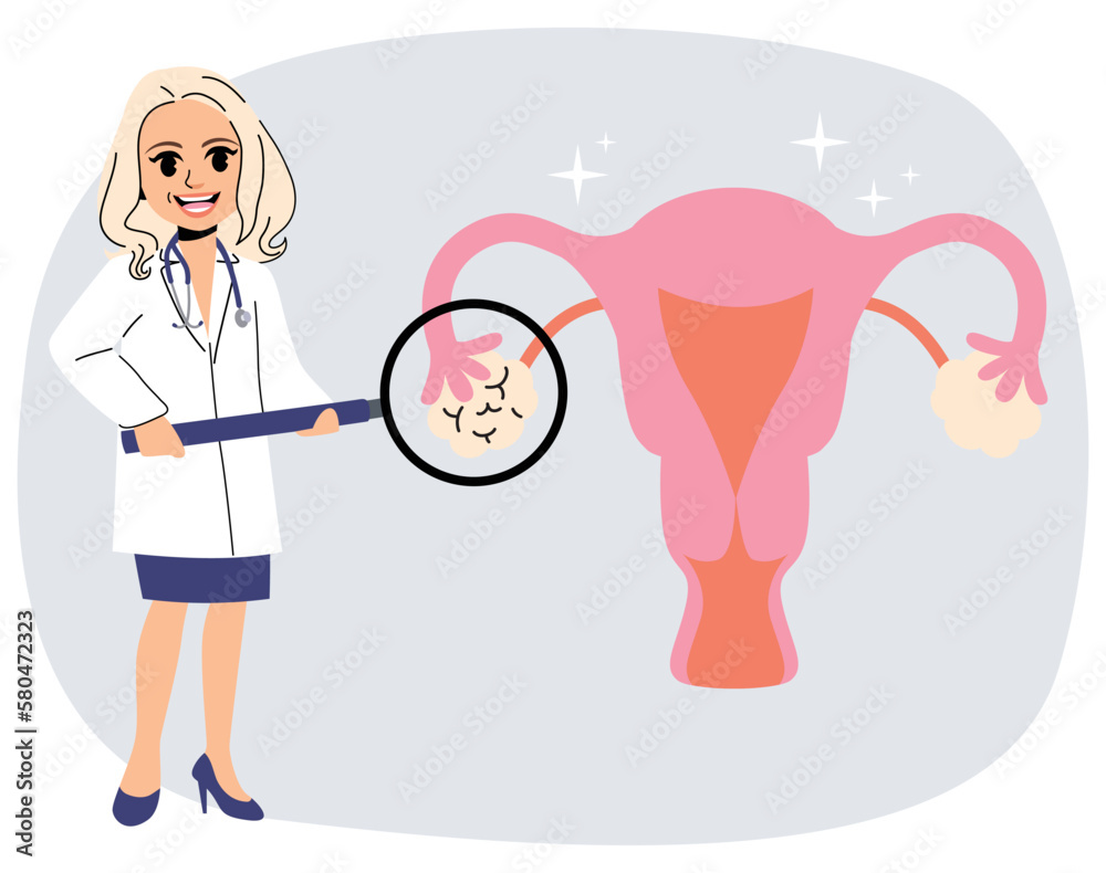 Vector illustration of female professional gynecologist doctor holding magnifying glass. Family planning concept Vector illustration of female professional gynecologist doctor holding magnifying glass. Family planning concept