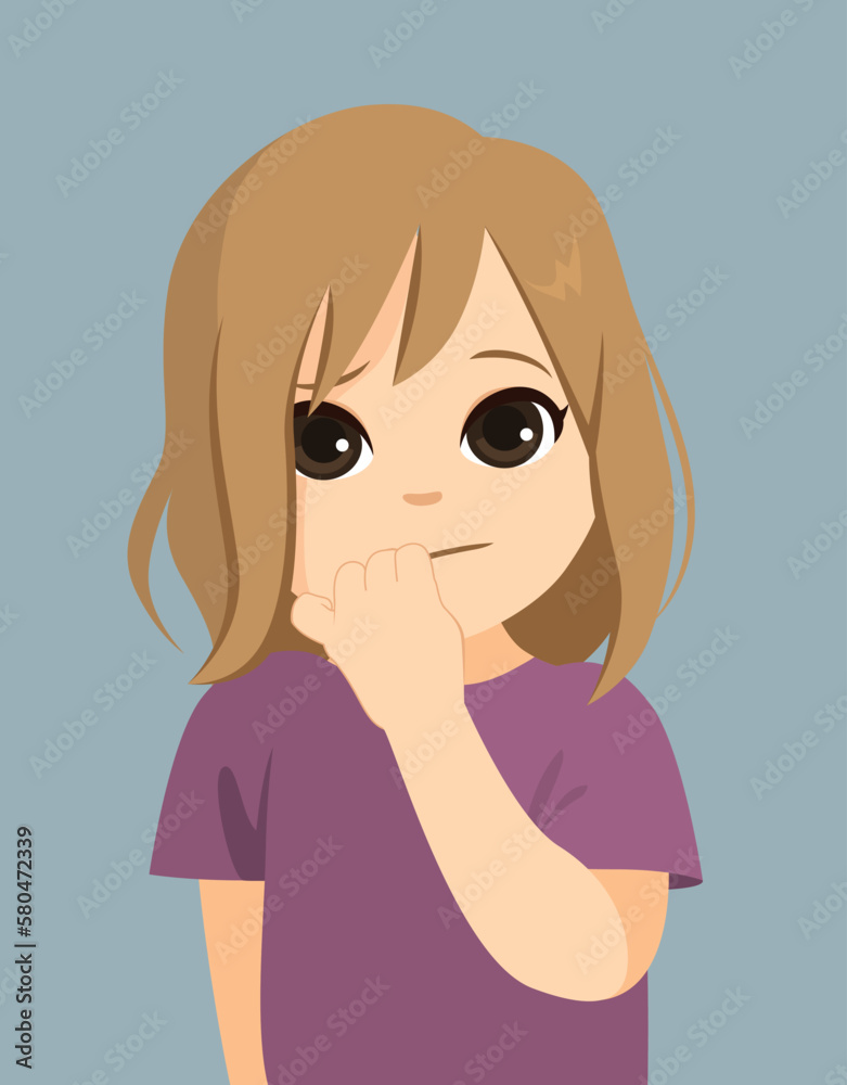 Vector illustration of little girl wearing purple casual shirt bitting nails over dark background. Female kid feeling anxious with stressed face concept Vector illustration of little girl wearing purple casual shirt bitting nails over dark background. Female kid feeling anxious with stressed face concept