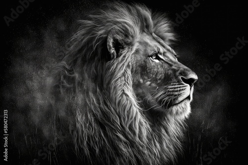 a picture of a lion in black and white on black. Generative AI