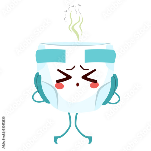 Vector illustration of cute stressed and stinky diaper character mascot with hands on face. Dirty baby poo concept