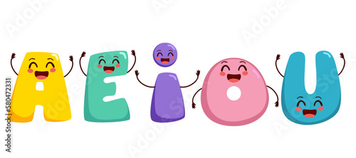 Vector illustration of vowels mascot characters. Education elements
