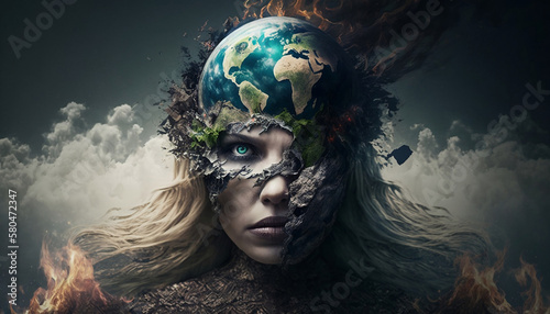 Gaia's Pain: The Face of Earth's Suffering, Earth, Gaia, Disaster, Save our Planet - IA Generated photo