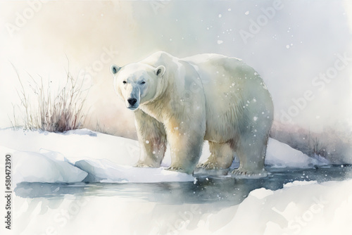 Generative AI. White Polar Bear watercolor illustration. Sketch of mammal animal in pastel colors. Northern fauna for zoology.