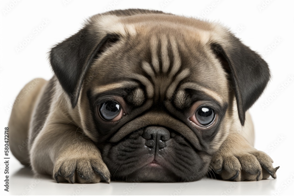 Obraz premium A picture of a sad pug puppy on a white background. Generative AI