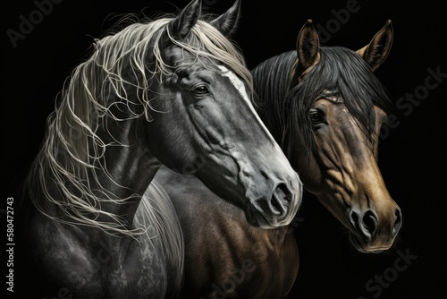A picture of horses on a black background. Generative AI