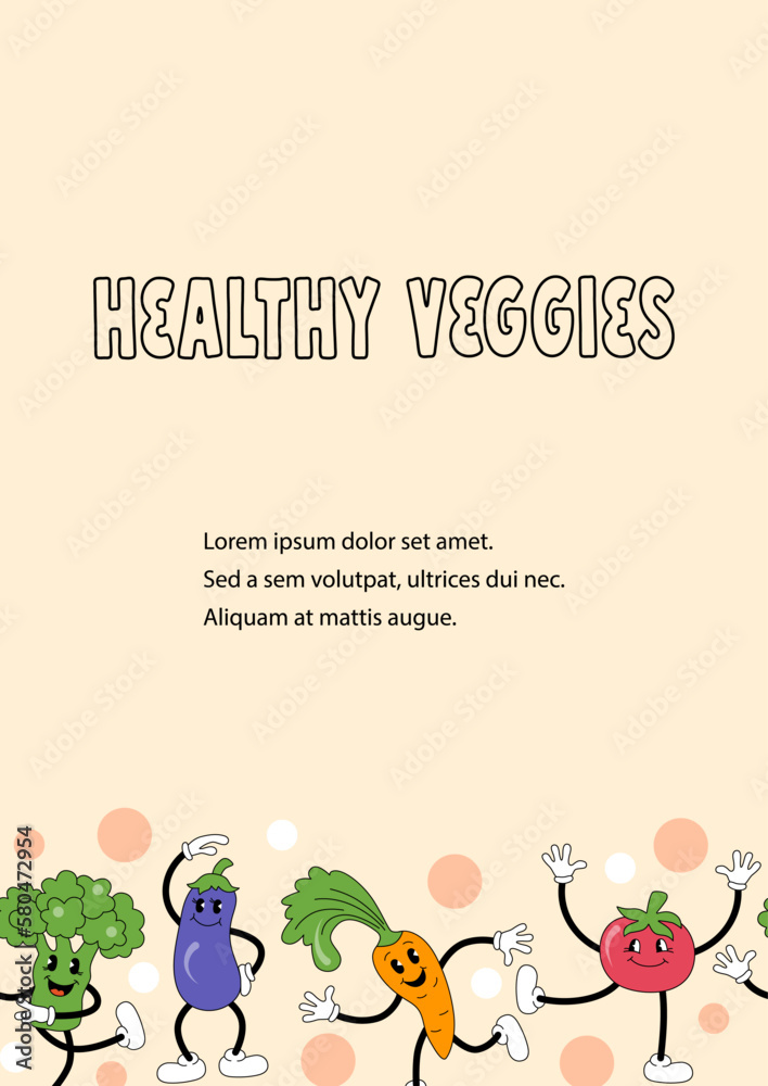 Template with vegetables are doing exercise or dancing for invitation, healthy lifestyle poster, fitness event, veggies party. Retro cartoon characters design. Vector illustration. Template with vegetables are doing exercise or dancing for invitation, healthy lifestyle poster, fitness event, veggies party. Retro cartoon characters design. Vector illustration.