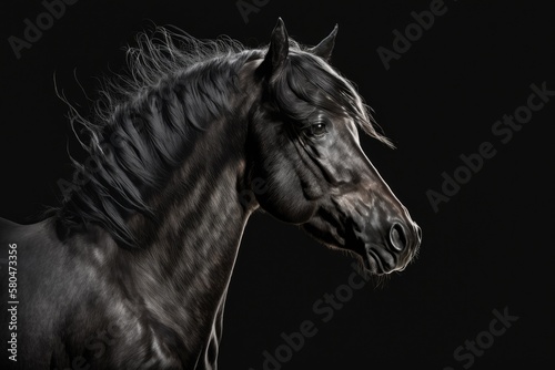 A single black horse on a black background. Generative AI