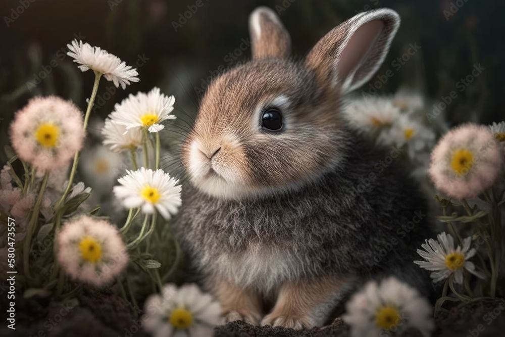 Fototapeta premium A picture of a cute little bunny with flowers. Generative AI