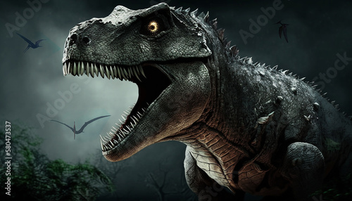 Close up on a The head of dinosaur in the dark background. High quality photo