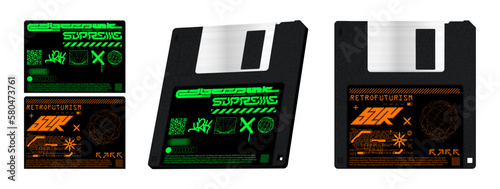 Floppy disk 3D mockup with Futuristic letterings and abstract shapes. Stylish 3d floppy disk template in. 80s, 90s, acid future and cyberpunk design for t-shirt, poster, merch, streetwear. Vector