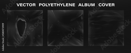 Polyethylene packaging for album cover - cd, vinyl, square mockup. Torn packaging effect, cling film, sealed in plastic bag. Overlay texture for cd, vinyl album cover. Effect in the package. Vector