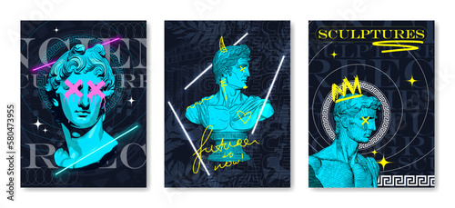 Poster mockup with 3D bust and neon lamps. Statues of ancient antiquity in a modern style, 3D poster templates. Exhibition, museum and antiquity - ancient greek concept. Vector flyer template