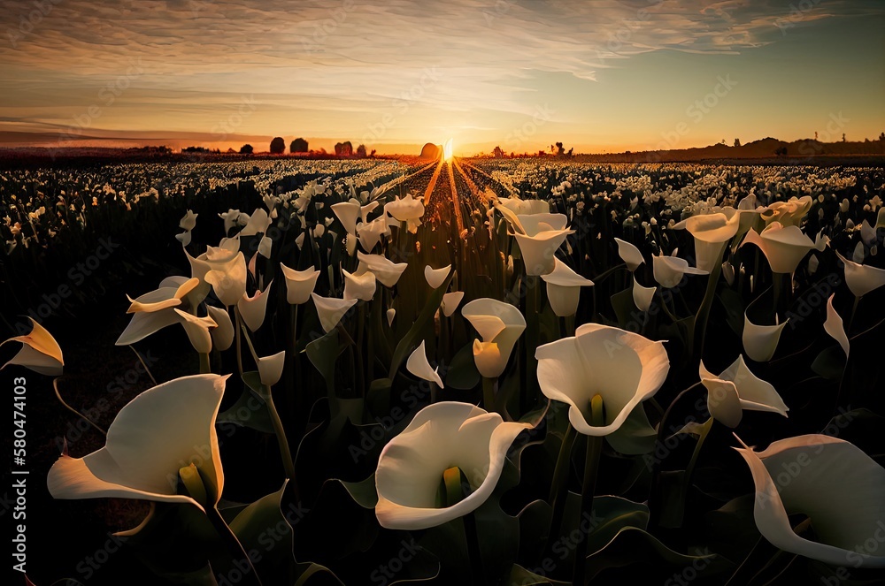 Calla Lily Flowers In A Field At Dusk Generative AI
