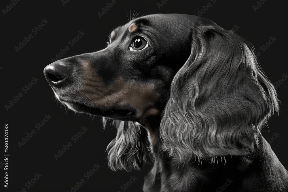 A picture of a black dachshund dog on a black background. Generative AI