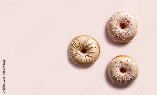 Doughtnuts with pink glaze with sprinkles, Generative AI