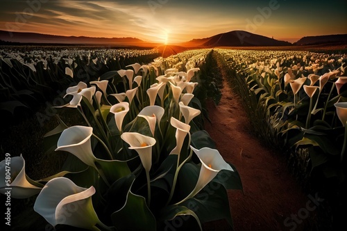 Calla Lily Flowers In A Field At Sunset Generative AI