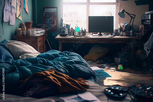 Interior of a bedroom with a lot of things to do.generative ai
