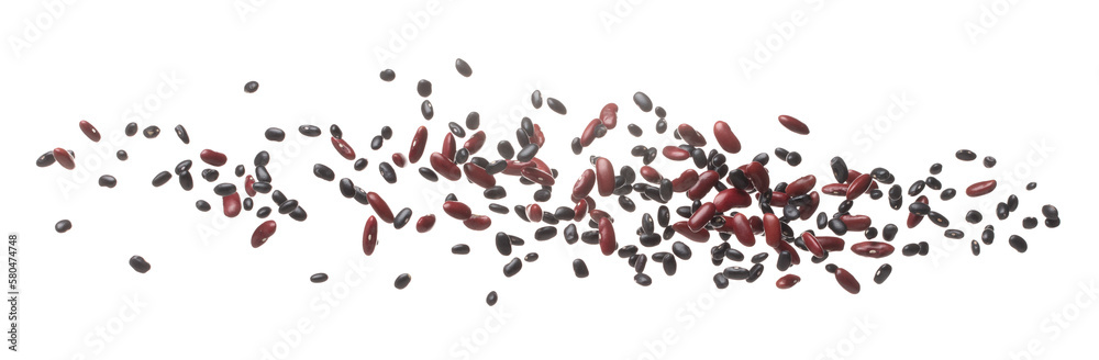 Mix black red beans fall down explosion, several kind bean float explode, abstract cloud fly. Dried red black mixed beans splash throwing in Air. White background Isolated high speed shutter, freeze