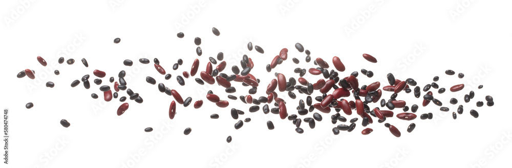 Mix black red beans fall down explosion, several kind bean float explode, abstract cloud fly. Dried red black mixed beans splash throwing in Air. White background Isolated high speed shutter, freeze Mix black red beans fall down explosion, several kind bean float explode, abstract cloud fly. Dried red black mixed beans splash throwing in Air. White background Isolated high speed shutter, freeze