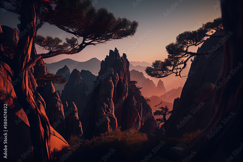 Naklejka premium Beautiful landscape with pine trees in the mountains at sunset.generative ai