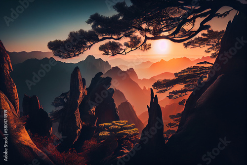 Beautiful landscape with pine trees in the mountains at sunset.generative ai