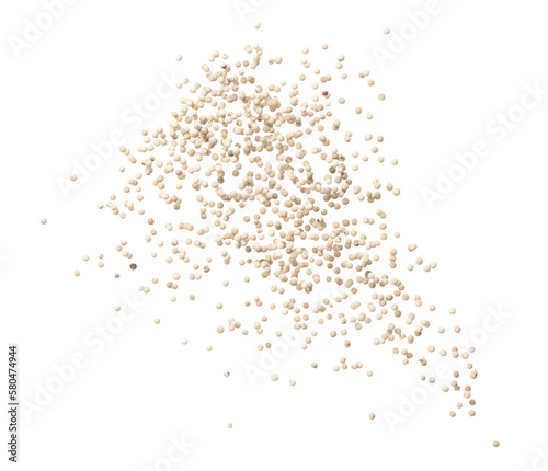 Fototapeta Naklejka Na Ścianę i Meble -  White Pepper seeds fly explosion, white Pepper float explode, abstract cloud fly. Peppercorn splash throwing in Air. White background Isolated high speed shutter, freeze motion