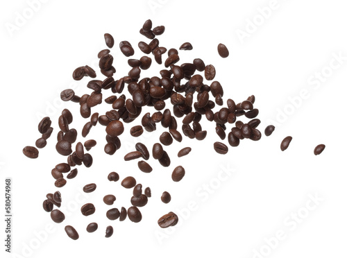 Coffee bean fly explosion, Coffee seeds float explode, abstract cloud fly. Coffee beans splash throwing in Air. White background Isolated high speed shutter, freeze motion