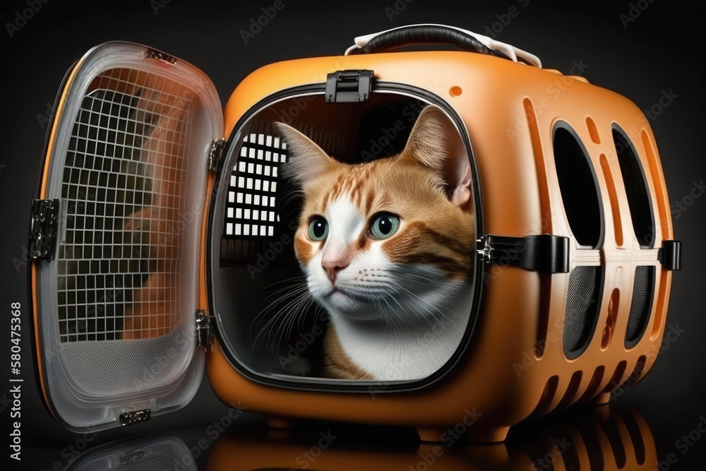 A pet carrier is where the cat is sitting. Transport of pets and other animals. Article about how animals are moved. How safe a pet is. Generative AI