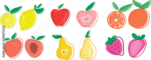 A set from the collection of juicy fruits drawn by hand. Vector flat illustration of lemon, orange, peach, pear, apple,strawberry. Isolated on a white background.