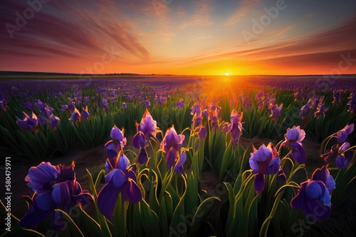 Iris Flowers In A Meadow At Sunset Generative AI