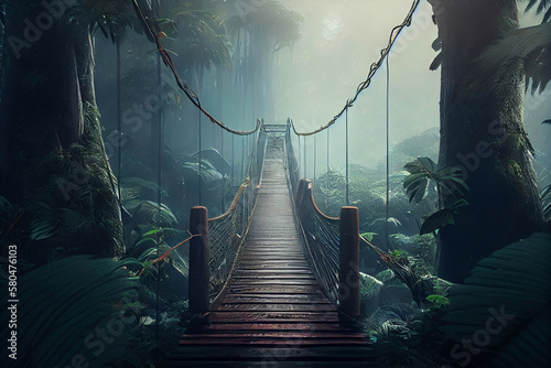 Fototapeta Naklejka Na Ścianę i Meble -  Wooden bridge in the jungle with fog.generative ai