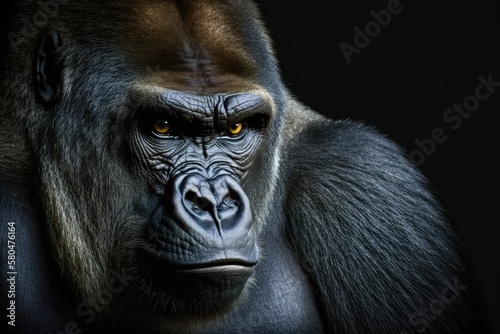 A lovely picture of a gorilla. Male gorilla with a black background and a serious silverback look. Generative AI