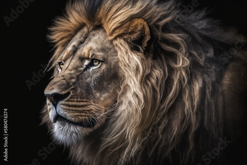 A magnificent lion The king of beasts has a big, full head of hair and looks strong and royal. close up. Generative AI © AkuAku