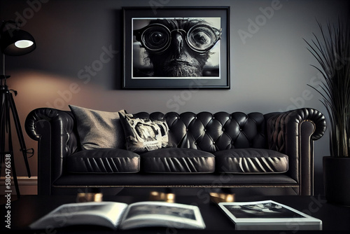 Black leather sofa in modern interior with lamp and picture.generative ai