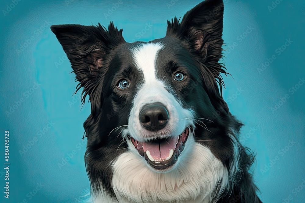 A picture of a blue background with a border collie dog on it. Generative AI