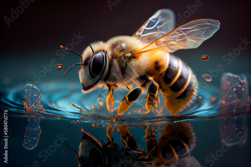Honey bee on the surface of the water. Macro photography.generative ai © S...