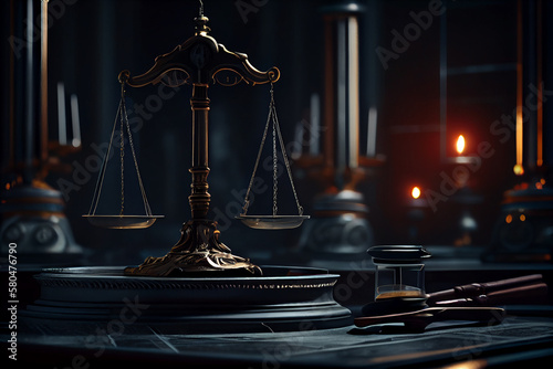 Law theme. Mallet of judge, books and scales of justice.generative ai
