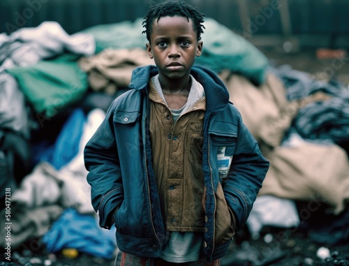  Serious Black Child posing in a third world country public dump looking at the camera photo