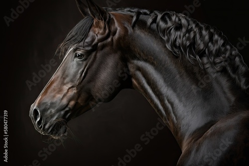 A creative photo of the head of a dark bay horse looking to the left. Generative AI