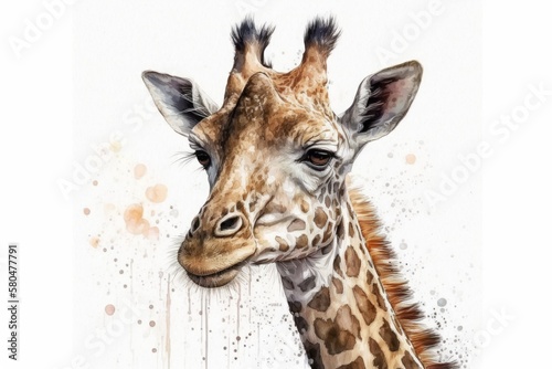 A cute giraffe looks down. It is a hand drawn watercolor illustration with a white background. Generative AI