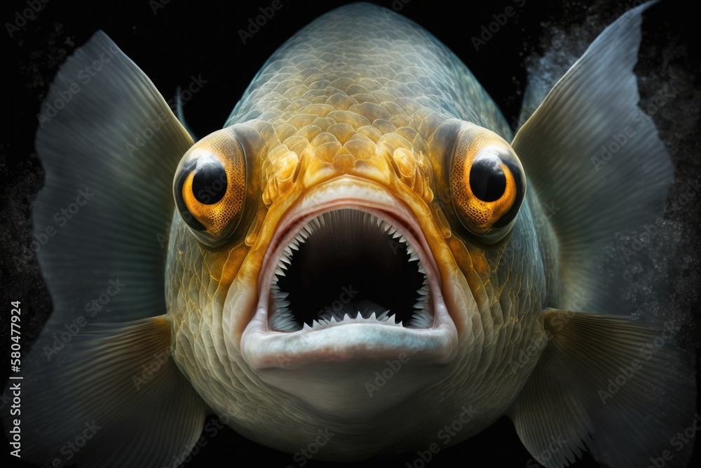 A fish in a fish tank with its mouth wide open and its eyes big. Face